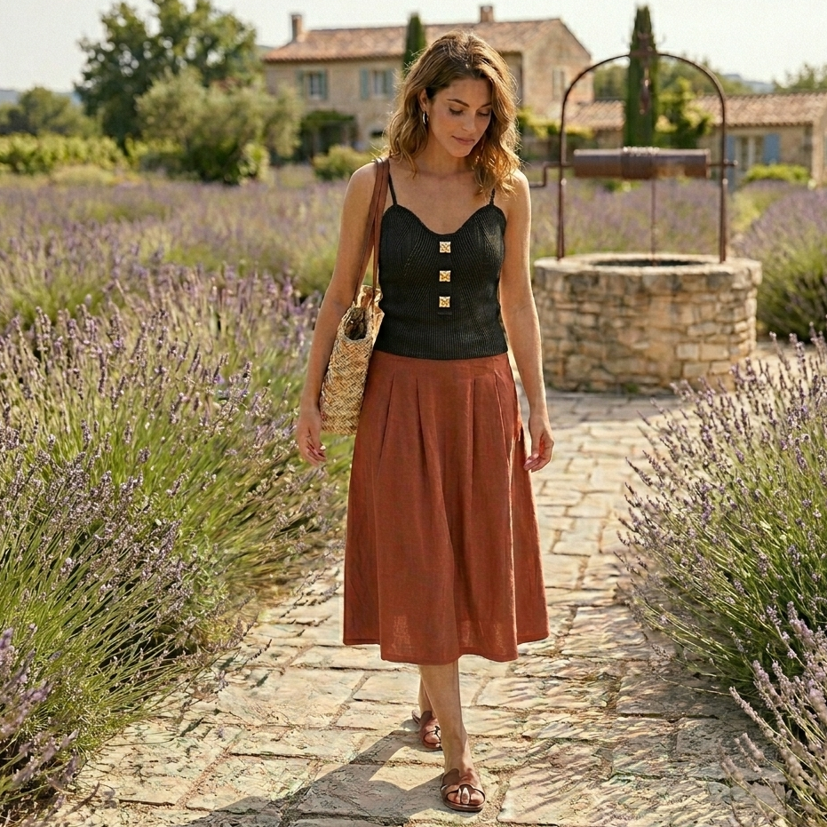 Camisola de Alças Feminina em Malha Cruzada — Estilo Francês Slim Fit