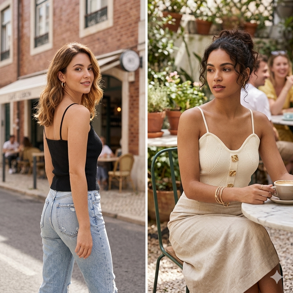 Camisola de Alças Feminina em Malha Cruzada — Estilo Francês Slim Fit