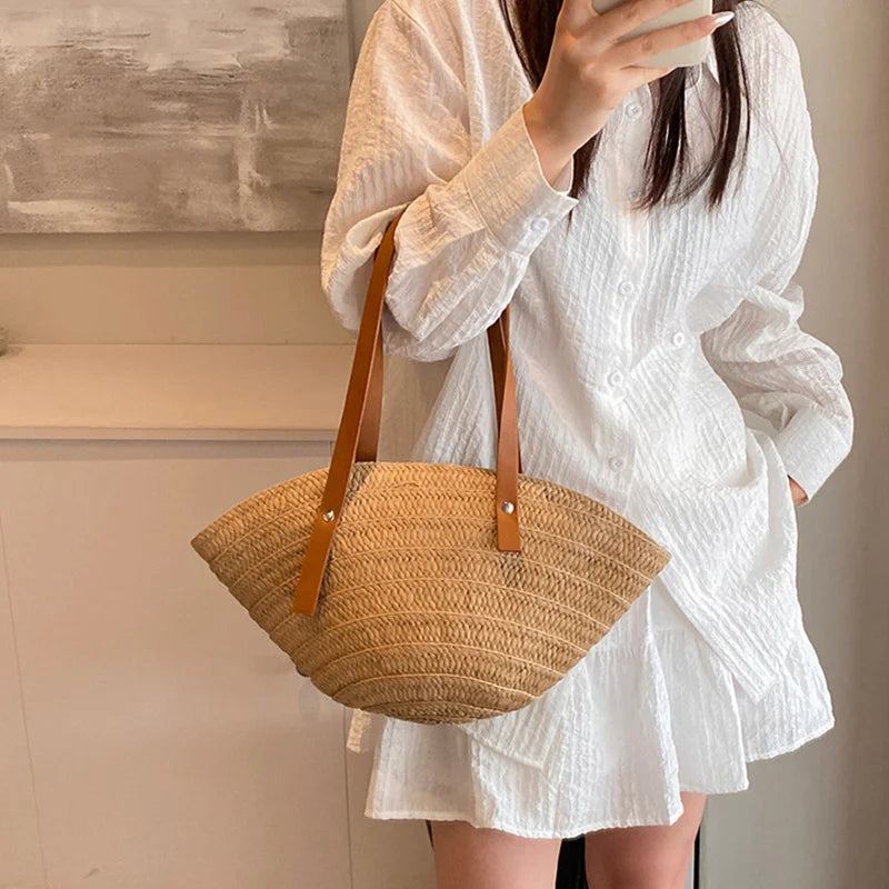 Mala de Verão Feminina em Palha — Tote Shopper Estilo Boho Grande Capacidade