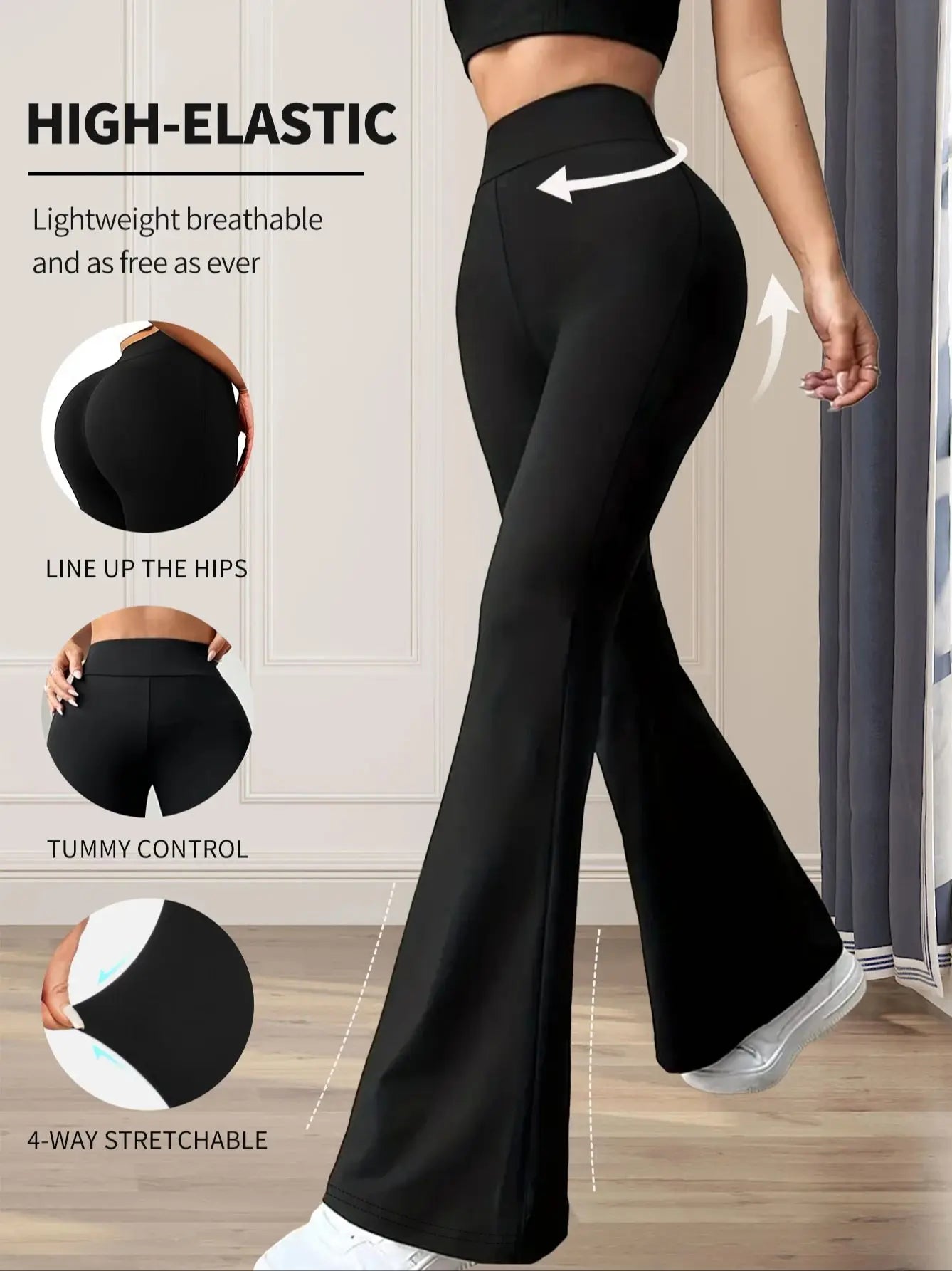 Leggings / Calças Pretas Femininas de Cintura Alta — Corte Flared Slim Fit