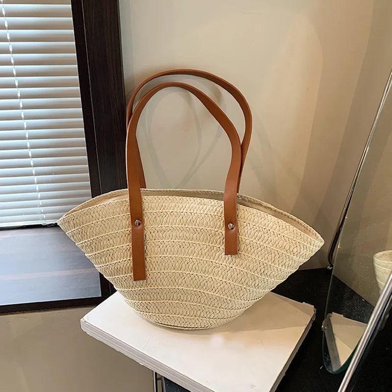 Mala de Verão Feminina em Palha — Tote Shopper Estilo Boho Grande Capacidade