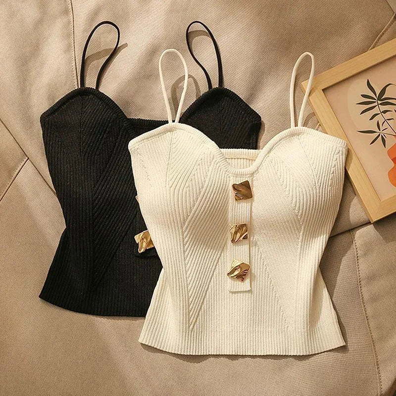 Camisola de Alças Feminina em Malha Cruzada — Estilo Francês Slim Fit