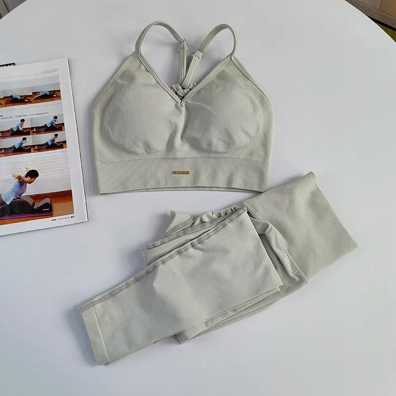 Conjunto Desportivo Feminino Sem Costuras — Top e Leggings de Cintura Alta