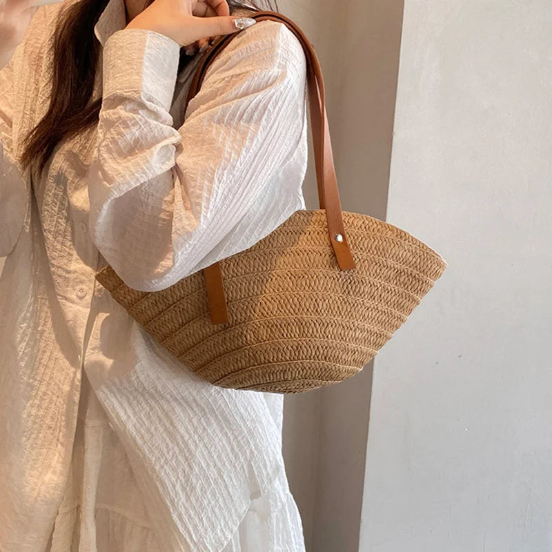 Mala de Verão Feminina em Palha — Tote Shopper Estilo Boho Grande Capacidade