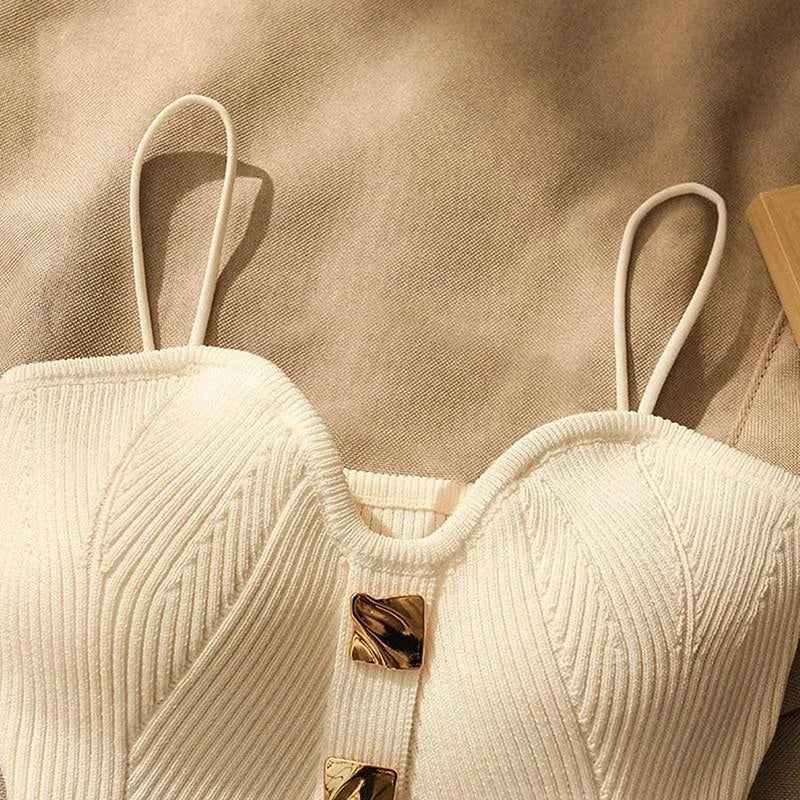 Camisola de Alças Feminina em Malha Cruzada — Estilo Francês Slim Fit