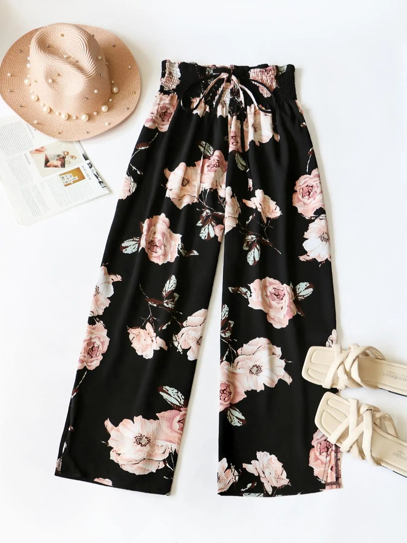 Calças de Perna Larga Floral Plus Size — Cintura Alta com Laço
