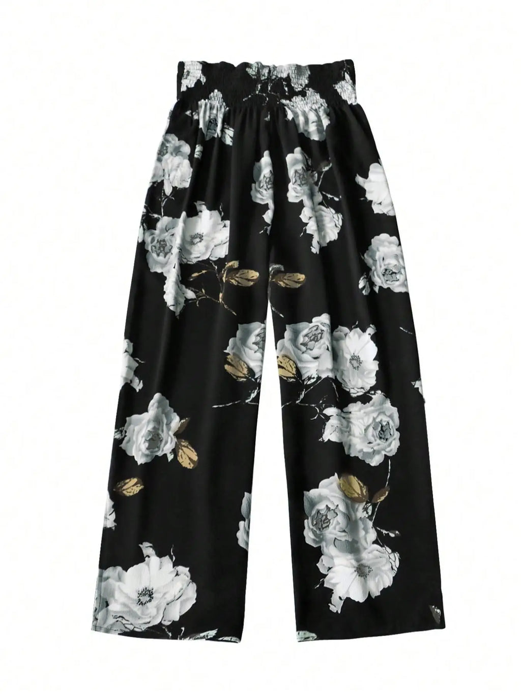 Calças de Perna Larga Floral Plus Size — Cintura Alta com Laço