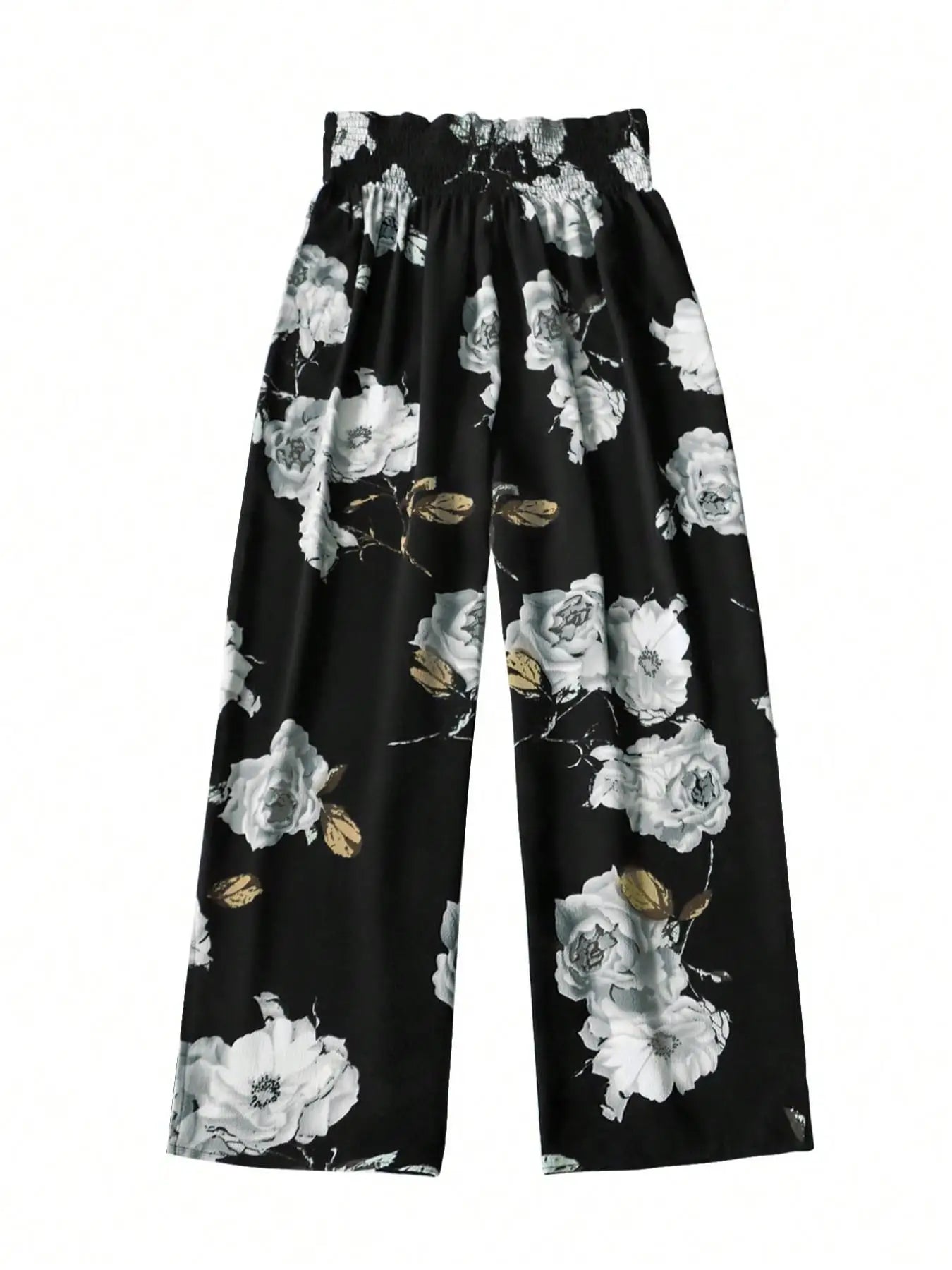 Calças de Perna Larga Floral Plus Size — Cintura Alta com Laço