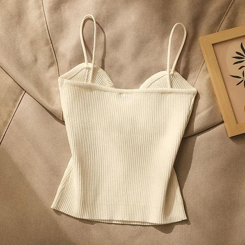 Camisola de Alças Feminina em Malha Cruzada — Estilo Francês Slim Fit