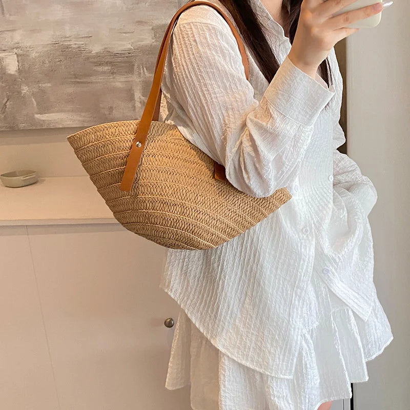 Mala de Verão Feminina em Palha — Tote Shopper Estilo Boho Grande Capacidade