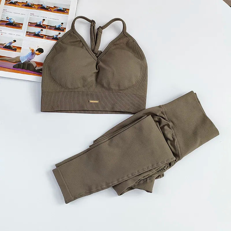Conjunto Desportivo Feminino Sem Costuras — Top e Leggings de Cintura Alta