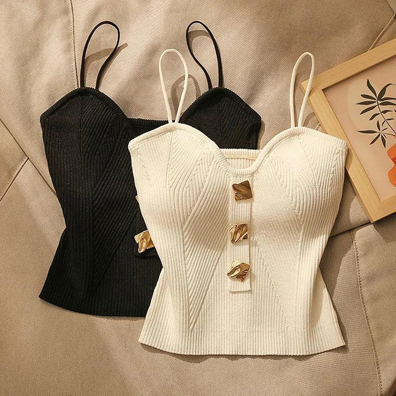 Camisola de Alças Feminina em Malha Cruzada — Estilo Francês Slim Fit