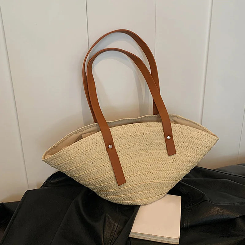 Mala de Verão Feminina em Palha — Tote Shopper Estilo Boho Grande Capacidade