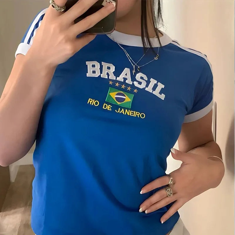 Crop Top Y2K com Estampado Brasil | Estilo Vintage Grunge