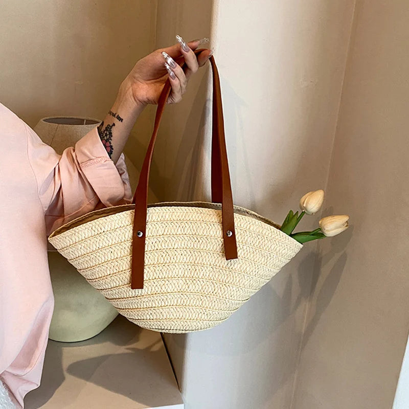 Mala de Verão Feminina em Palha — Tote Shopper Estilo Boho Grande Capacidade