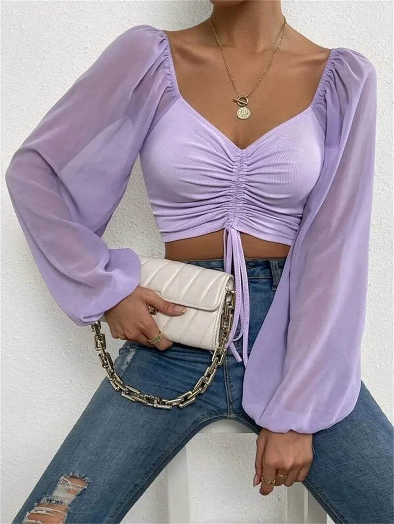 Blusa Feminina de Manga Comprida — Decote V e Franzidos