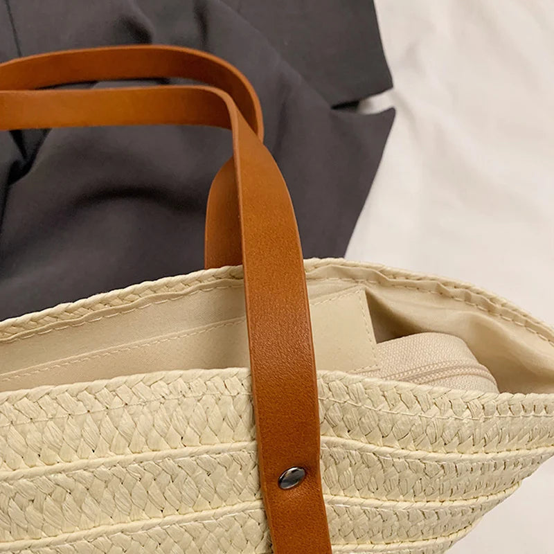 Mala de Verão Feminina em Palha — Tote Shopper Estilo Boho Grande Capacidade