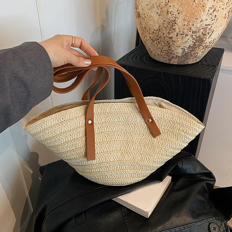 Mala de Verão Feminina em Palha — Tote Shopper Estilo Boho Grande Capacidade