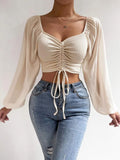 Blusa Feminina de Manga Comprida — Decote V e Franzidos