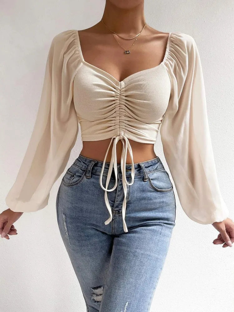 Blusa Feminina de Manga Comprida — Decote V e Franzidos