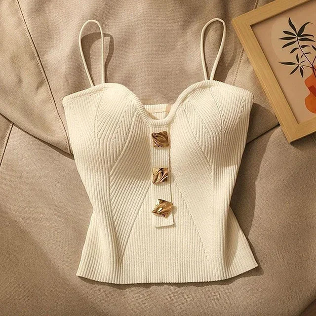 Camisola de Alças Feminina em Malha Cruzada — Estilo Francês Slim Fit