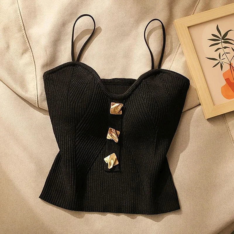 Camisola de Alças Feminina em Malha Cruzada — Estilo Francês Slim Fit