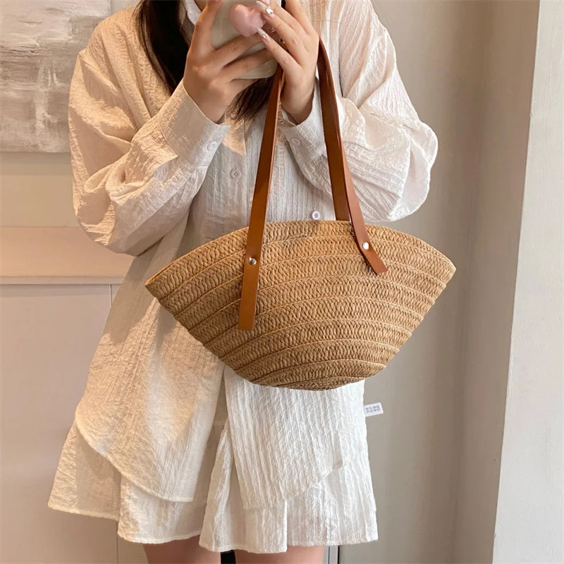 Mala de Verão Feminina em Palha — Tote Shopper Estilo Boho Grande Capacidade