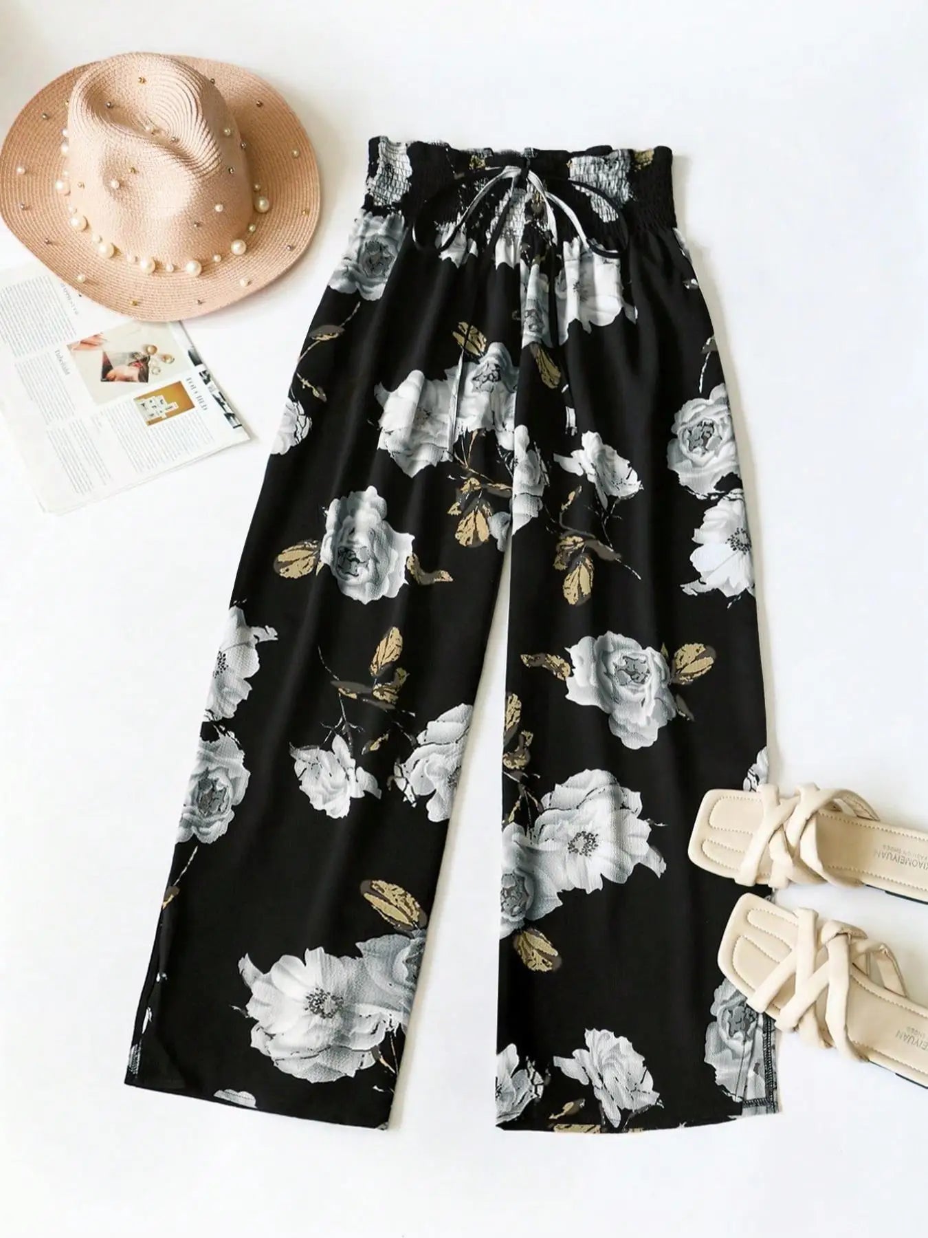 Calças de Perna Larga Floral Plus Size — Cintura Alta com Laço