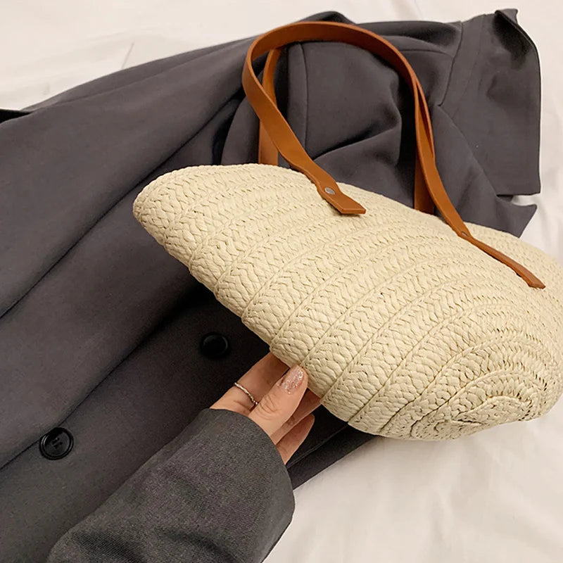 Mala de Verão Feminina em Palha — Tote Shopper Estilo Boho Grande Capacidade
