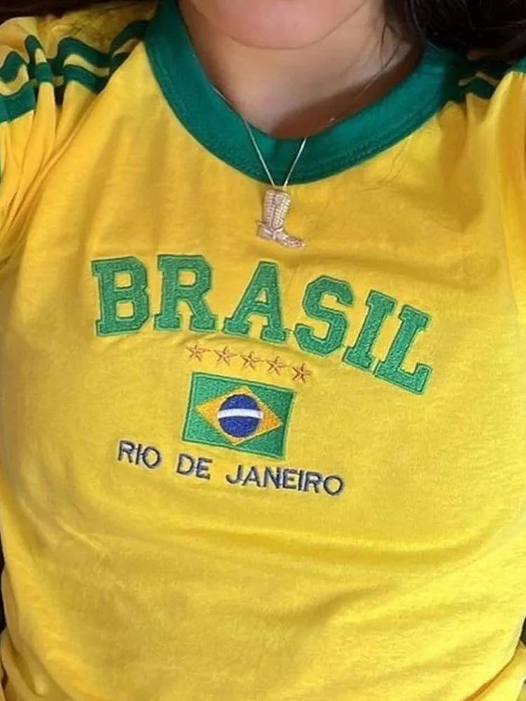 Crop Top Y2K com Estampado Brasil | Estilo Vintage Grunge