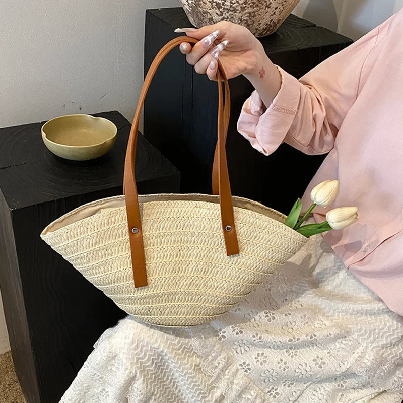 Mala de Verão Feminina em Palha — Tote Shopper Estilo Boho Grande Capacidade
