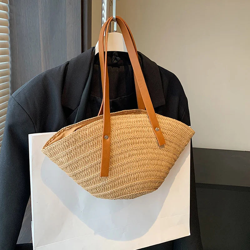Mala de Verão Feminina em Palha — Tote Shopper Estilo Boho Grande Capacidade