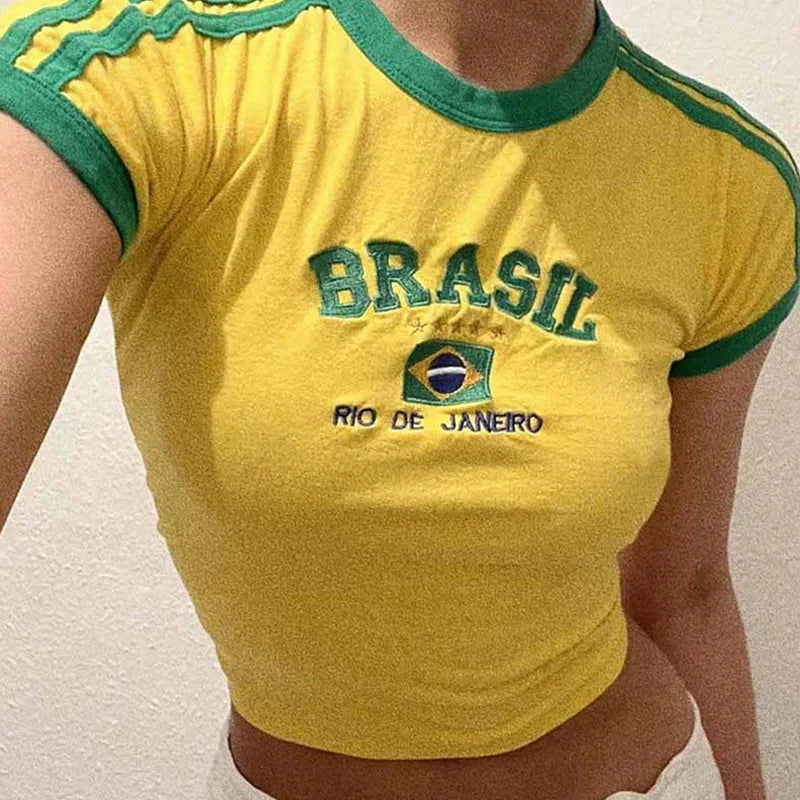 Crop Top Y2K com Estampado Brasil | Estilo Vintage Grunge