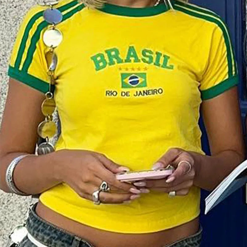 Crop Top Y2K com Estampado Brasil | Estilo Vintage Grunge