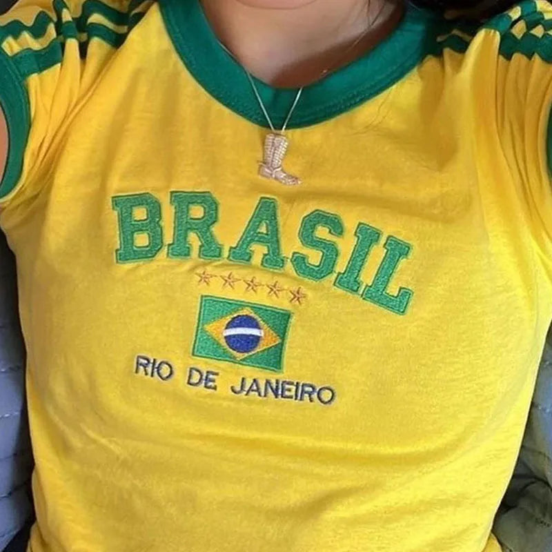 Crop Top Y2K com Estampado Brasil | Estilo Vintage Grunge