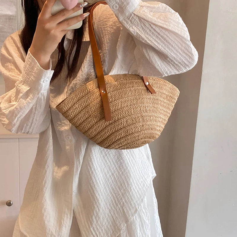 Mala de Verão Feminina em Palha — Tote Shopper Estilo Boho Grande Capacidade