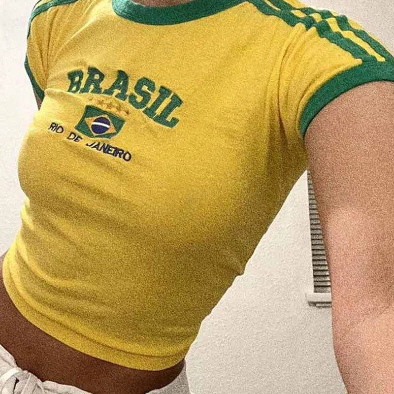 Crop Top Y2K com Estampado Brasil | Estilo Vintage Grunge
