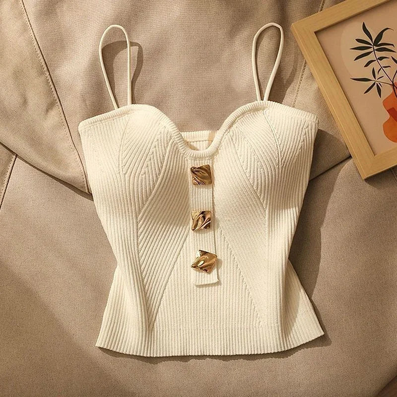 Camisola de Alças Feminina em Malha Cruzada — Estilo Francês Slim Fit
