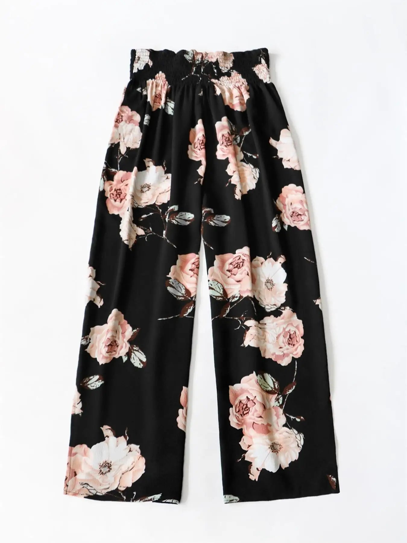 Calças de Perna Larga Floral Plus Size — Cintura Alta com Laço