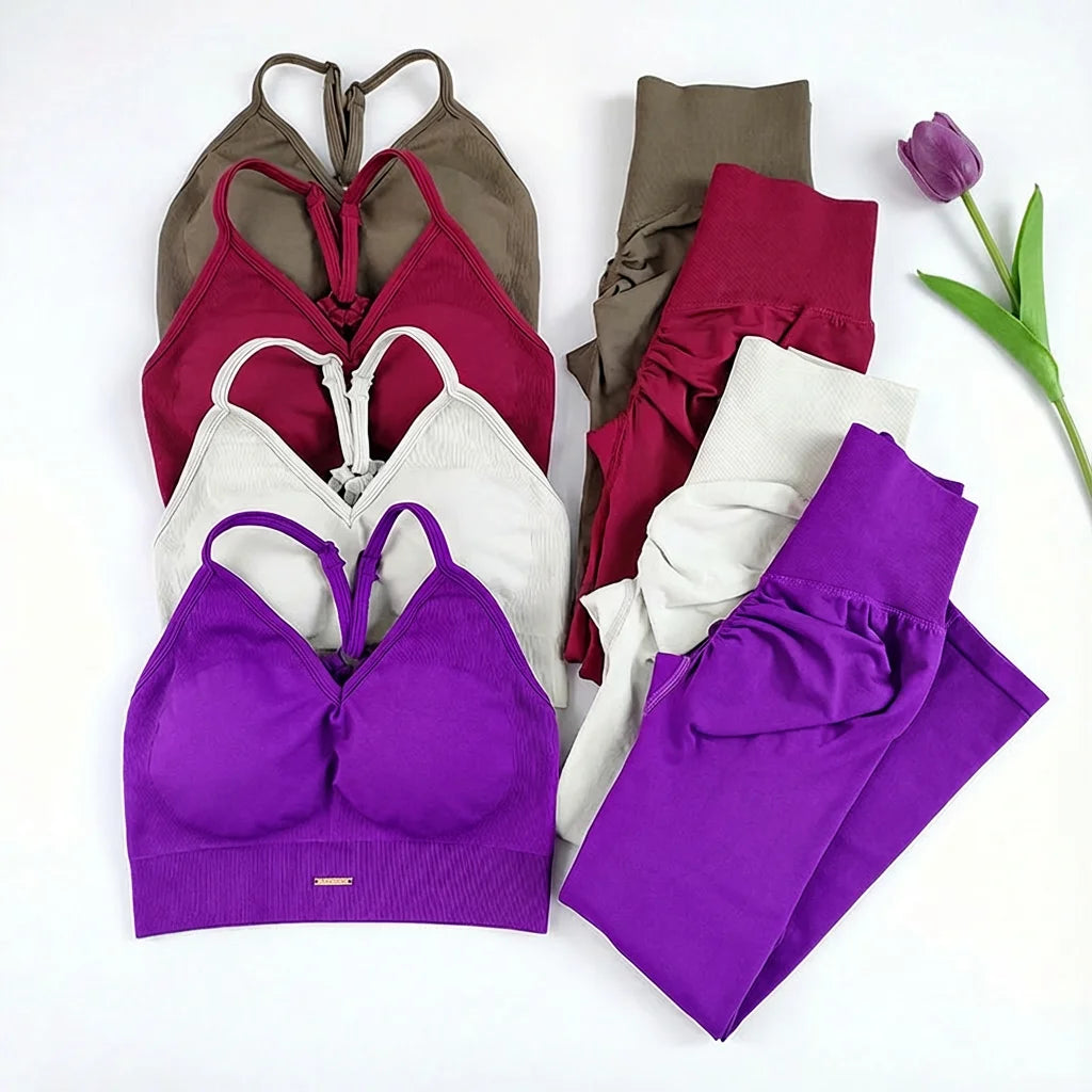 Conjunto Desportivo Feminino Sem Costuras — Top e Leggings de Cintura Alta