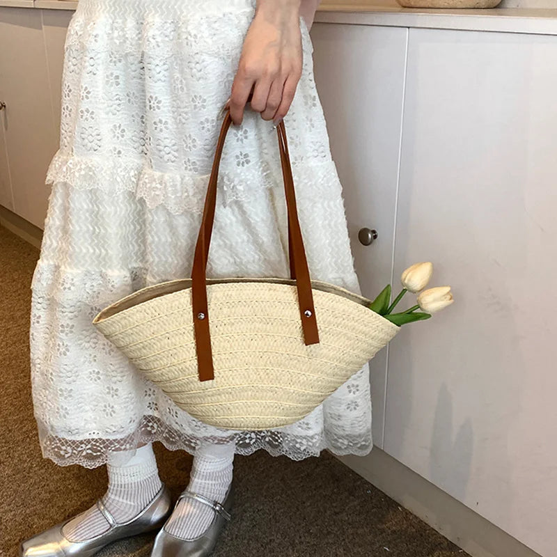 Mala de Verão Feminina em Palha — Tote Shopper Estilo Boho Grande Capacidade