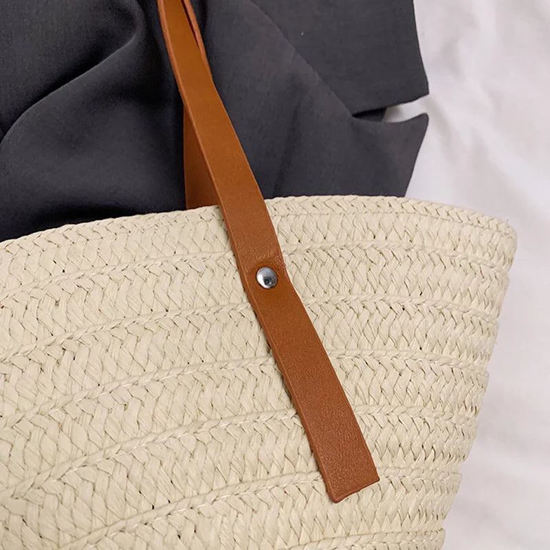Mala de Verão Feminina em Palha — Tote Shopper Estilo Boho Grande Capacidade