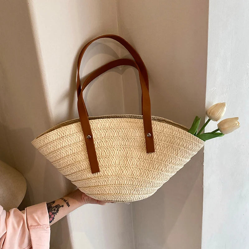 Mala de Verão Feminina em Palha — Tote Shopper Estilo Boho Grande Capacidade