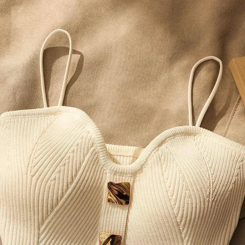 Camisola de Alças Feminina em Malha Cruzada — Estilo Francês Slim Fit