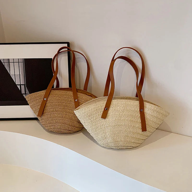 Mala de Verão Feminina em Palha — Tote Shopper Estilo Boho Grande Capacidade