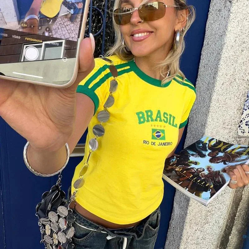 Crop Top Y2K com Estampado Brasil | Estilo Vintage Grunge