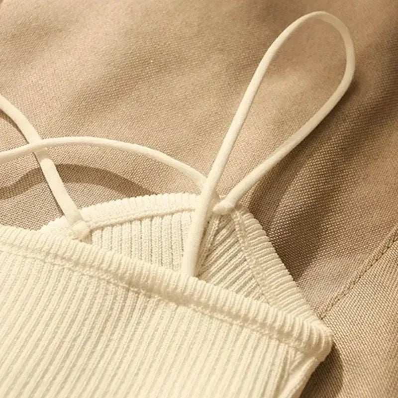 Camisola de Alças Feminina em Malha Cruzada — Estilo Francês Slim Fit